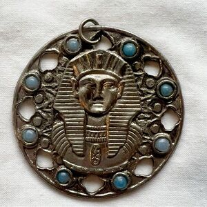 Vintage Egyptian Revival Pharaoh Pendant Blue Cabochon Charm